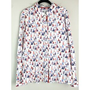 Foxcroft Womens Sailboat Button Up Shirt 18 Shaped White Nautical Wrinkle Free